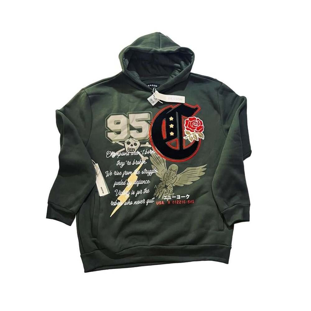 Reason Brand Chenille Fleece Hoodie Olive Green Skull Rose 95